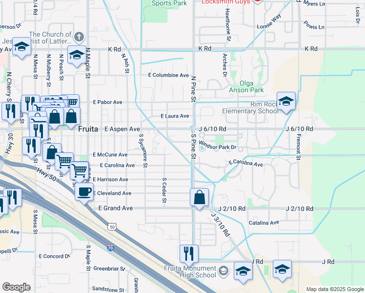 map of restaurants, bars, coffee shops, grocery stores, and more near 1074 Cedar Way in Fruita