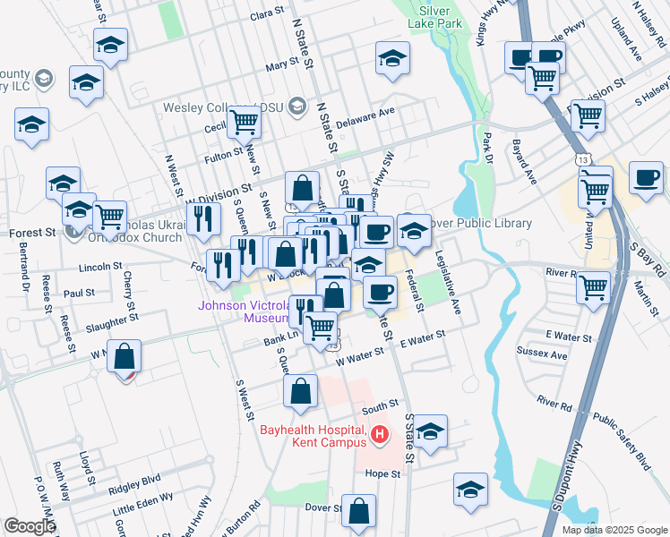map of restaurants, bars, coffee shops, grocery stores, and more near 122 West Loockerman Street in Dover