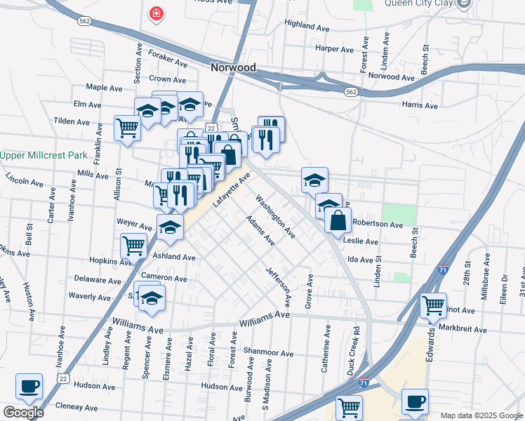 map of restaurants, bars, coffee shops, grocery stores, and more near 4432 Ashland Avenue in Cincinnati