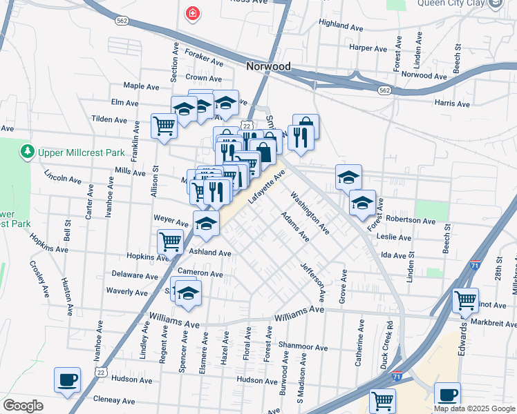 map of restaurants, bars, coffee shops, grocery stores, and more near 2220 Jefferson Avenue in Cincinnati