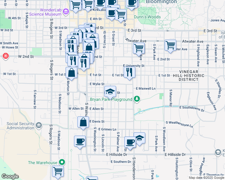 map of restaurants, bars, coffee shops, grocery stores, and more near 804 South Grant Street in Bloomington