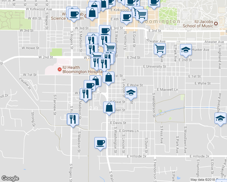 map of restaurants, bars, coffee shops, grocery stores, and more near 720 South Washington Street in Bloomington