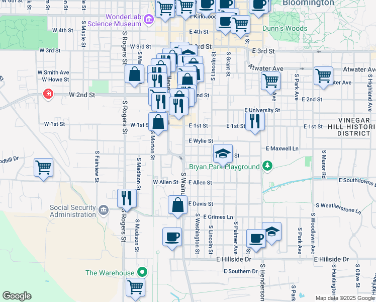 map of restaurants, bars, coffee shops, grocery stores, and more near 729 South Walnut Street in Bloomington