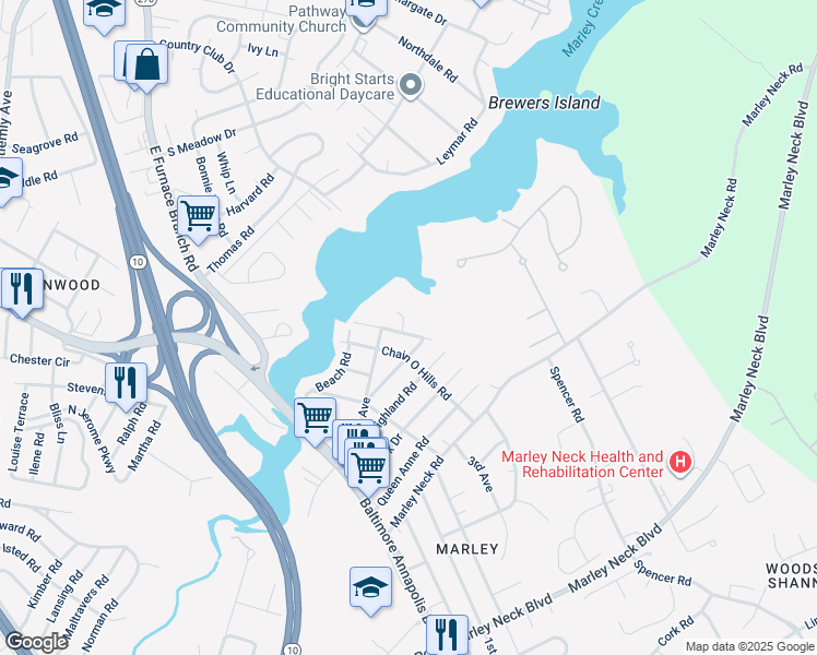 map of restaurants, bars, coffee shops, grocery stores, and more near 510 Creek Crossing Lane in Glen Burnie