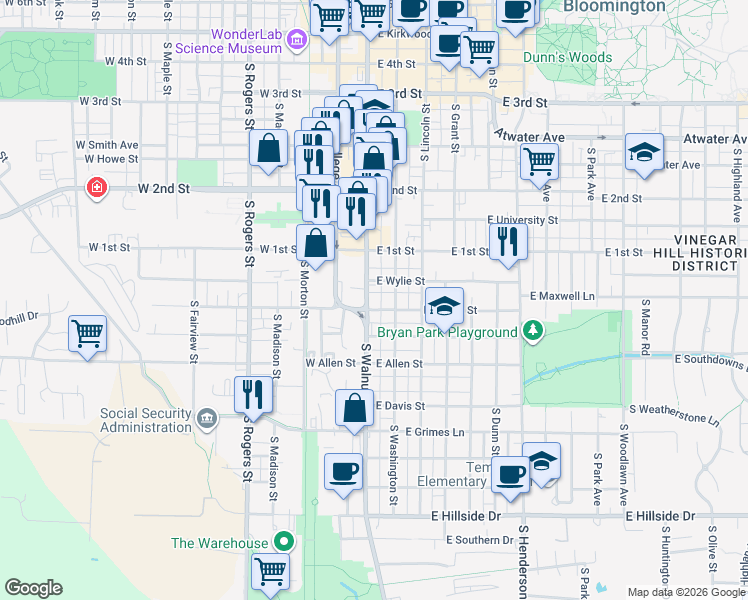 map of restaurants, bars, coffee shops, grocery stores, and more near 729 South Walnut Street in Bloomington