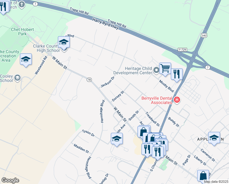 map of restaurants, bars, coffee shops, grocery stores, and more near 218 Moore Drive in Berryville