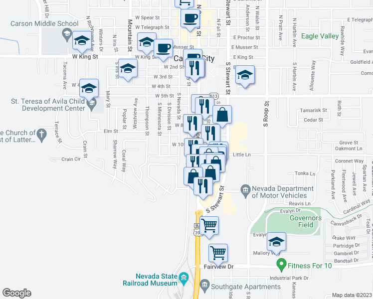 map of restaurants, bars, coffee shops, grocery stores, and more near 1130 South Curry Street in Carson City