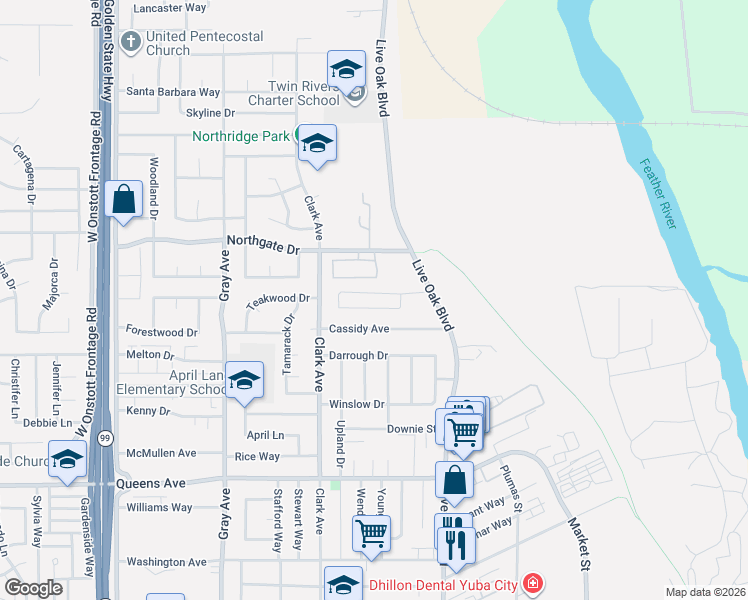 map of restaurants, bars, coffee shops, grocery stores, and more near 591 Cassidy Avenue in Yuba City