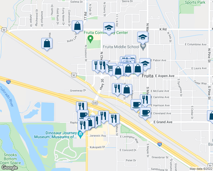 map of restaurants, bars, coffee shops, grocery stores, and more near 135 South Plum Street in Fruita