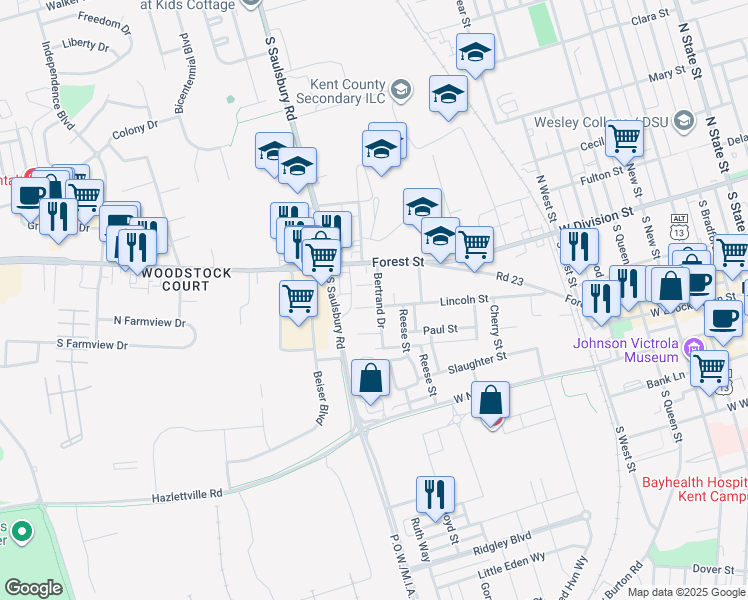 map of restaurants, bars, coffee shops, grocery stores, and more near 40 Bertrand Drive in Dover