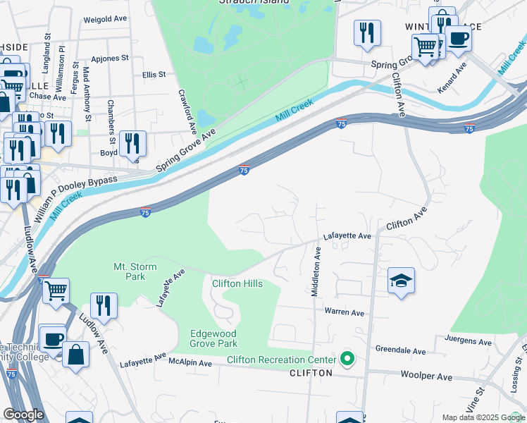 map of restaurants, bars, coffee shops, grocery stores, and more near 436 West Cliff Lane in Cincinnati
