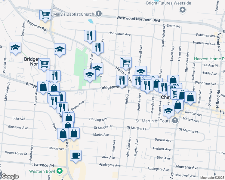 map of restaurants, bars, coffee shops, grocery stores, and more near 4243 Bridgetown Road in Cincinnati