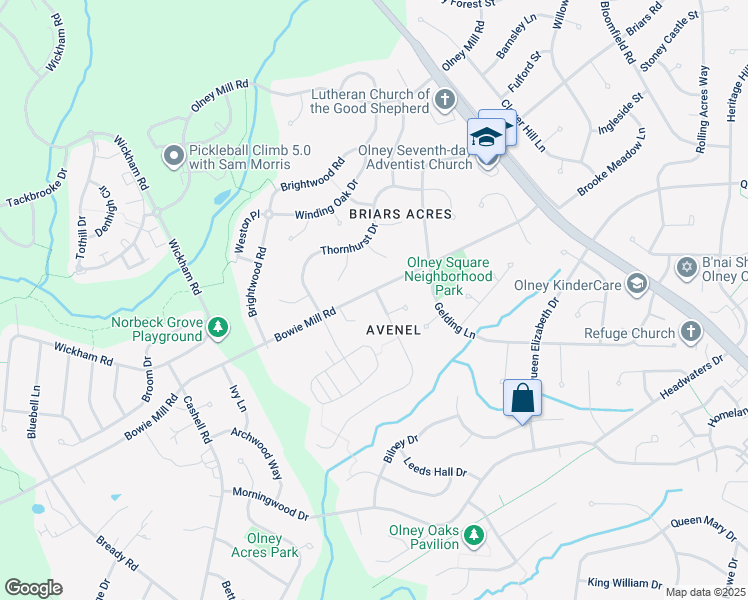 map of restaurants, bars, coffee shops, grocery stores, and more near 18324 Darnell Drive in Olney