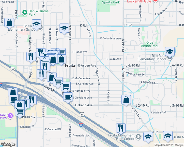 map of restaurants, bars, coffee shops, grocery stores, and more near 140 South Ash Street in Fruita