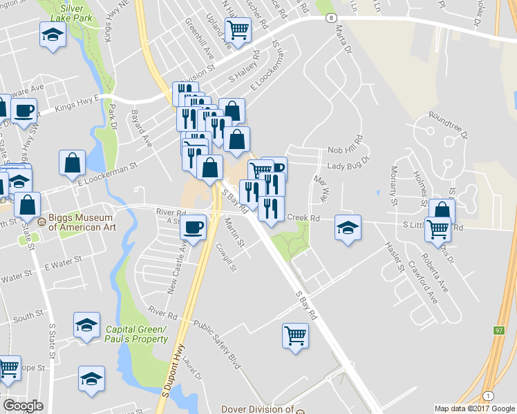 map of restaurants, bars, coffee shops, grocery stores, and more near 9 Little Creek Road in Dover