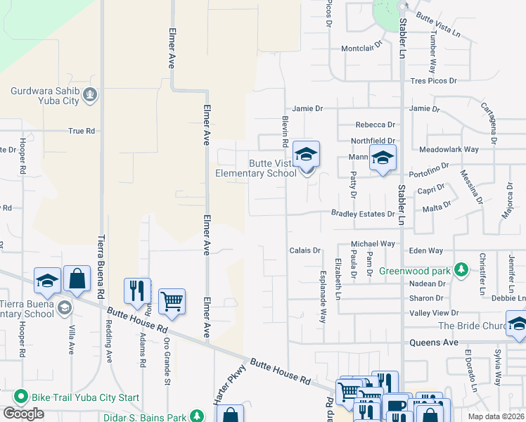 map of restaurants, bars, coffee shops, grocery stores, and more near 1965 Bradley Estates Drive in Yuba City