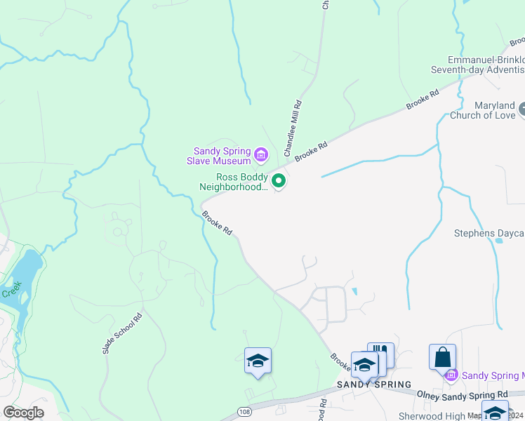 map of restaurants, bars, coffee shops, grocery stores, and more near 18515 Brooke Road in Ashton-Sandy Spring
