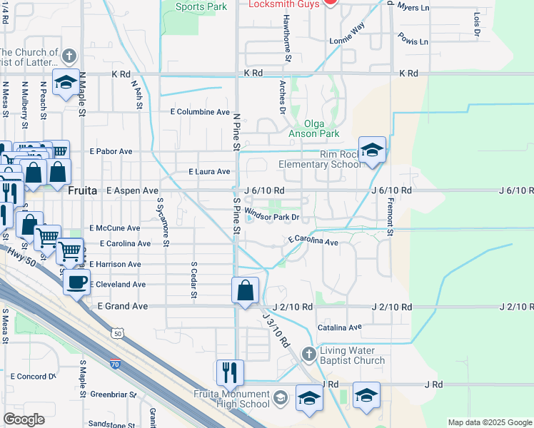 map of restaurants, bars, coffee shops, grocery stores, and more near 1152 Windsor Park Drive in Fruita