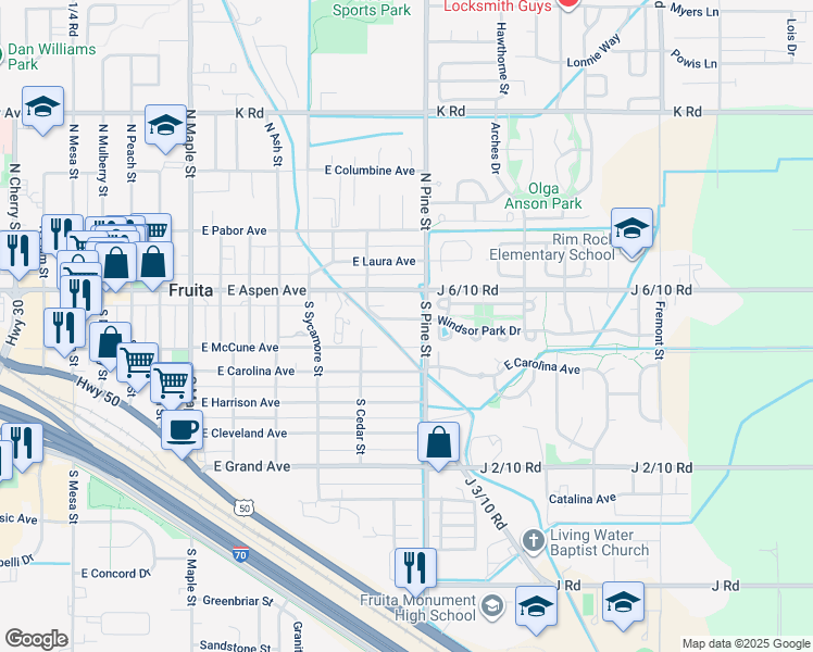 map of restaurants, bars, coffee shops, grocery stores, and more near 1074 Cedar Way in Fruita
