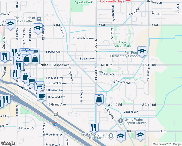 map of restaurants, bars, coffee shops, grocery stores, and more near 1074 Cedar Way in Fruita