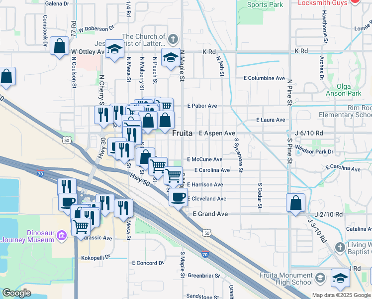 map of restaurants, bars, coffee shops, grocery stores, and more near 164 South Maple Street in Fruita