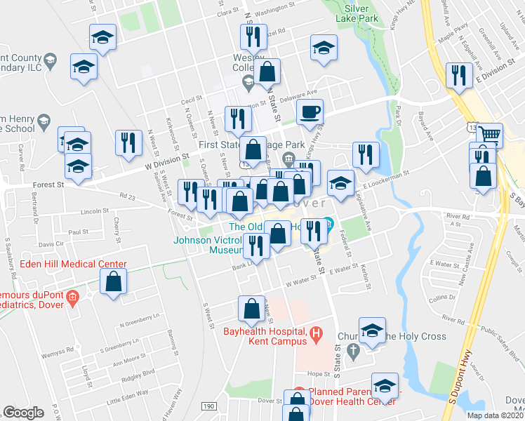 map of restaurants, bars, coffee shops, grocery stores, and more near 132 West Loockerman Street in Dover