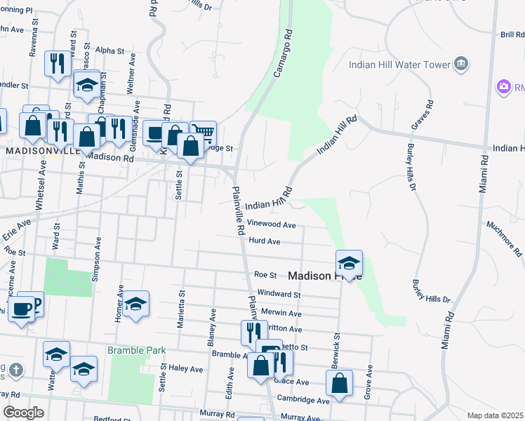 map of restaurants, bars, coffee shops, grocery stores, and more near 6818 Vinewood Avenue in Cincinnati