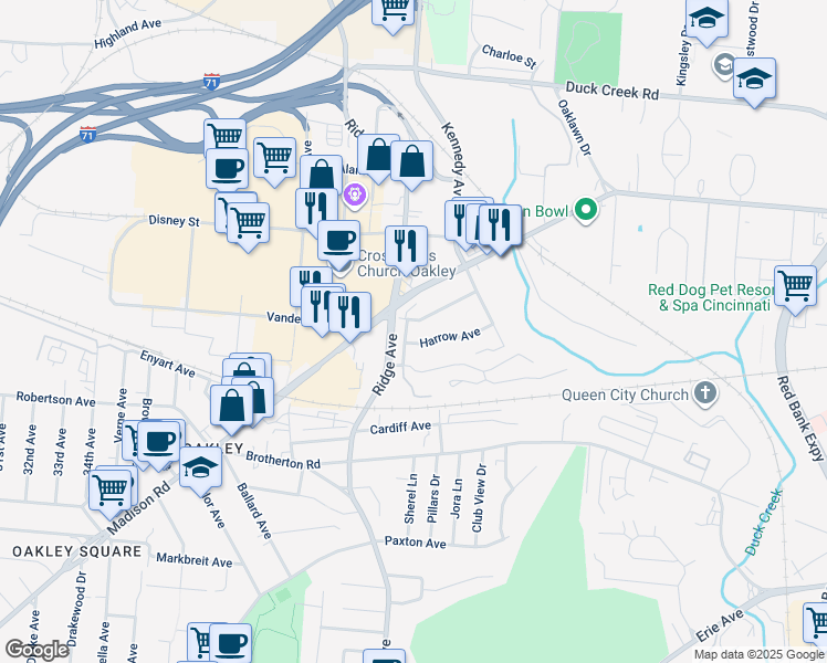 map of restaurants, bars, coffee shops, grocery stores, and more near 3518 Harrow Avenue in Cincinnati