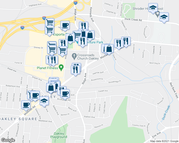 map of restaurants, bars, coffee shops, grocery stores, and more near 3518 Harrow Avenue in Cincinnati