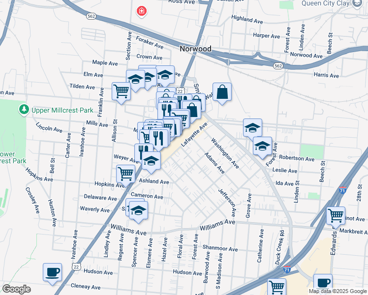 map of restaurants, bars, coffee shops, grocery stores, and more near 4438 Lafayette Avenue in Cincinnati