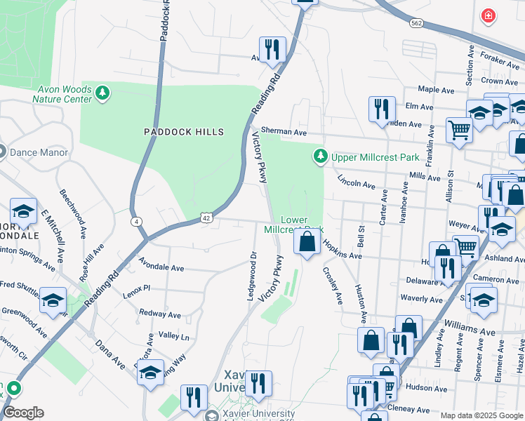map of restaurants, bars, coffee shops, grocery stores, and more near 4100 Victory Parkway in Cincinnati