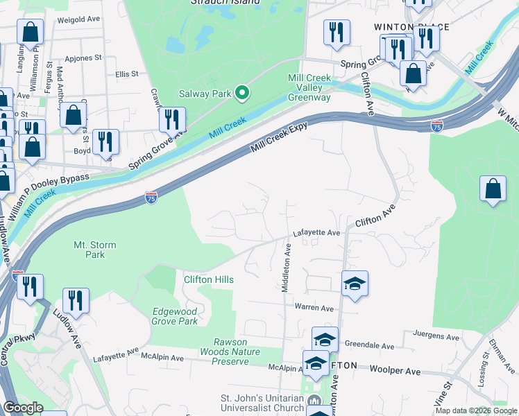 map of restaurants, bars, coffee shops, grocery stores, and more near 411 West Cliff Lane in Cincinnati