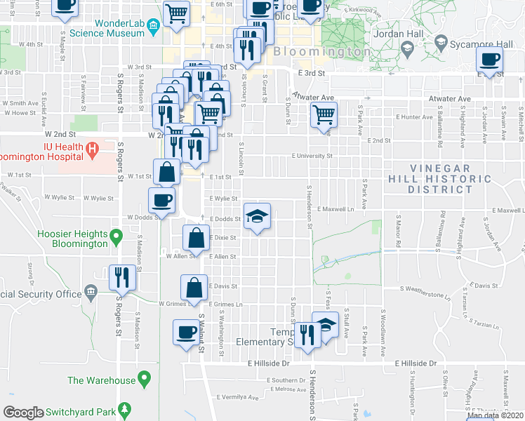 map of restaurants, bars, coffee shops, grocery stores, and more near 804 South Grant Street in Bloomington