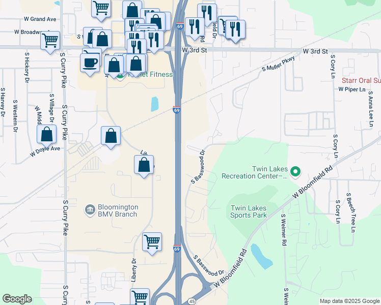 map of restaurants, bars, coffee shops, grocery stores, and more near 900 South Basswood Circle in Bloomington