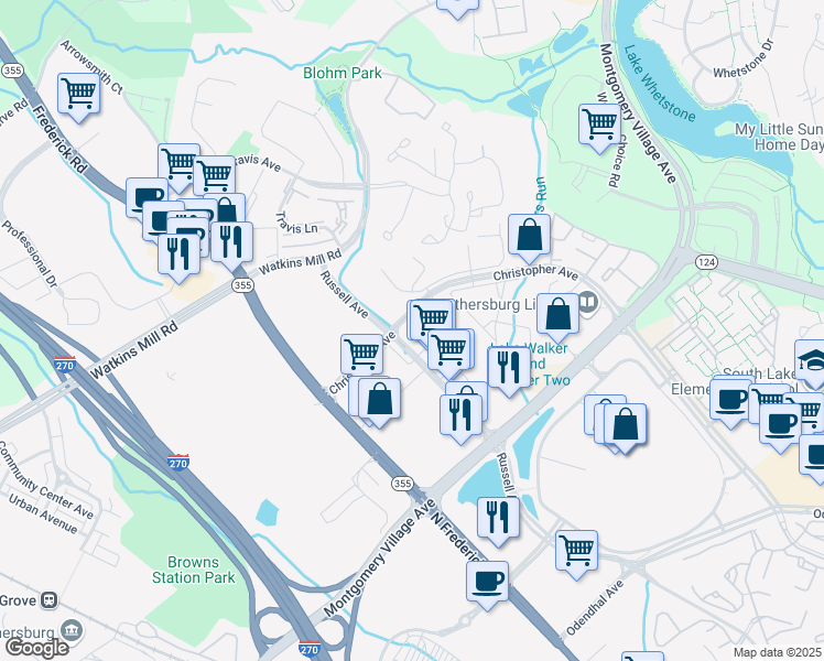 map of restaurants, bars, coffee shops, grocery stores, and more near 883 Russell Avenue in Gaithersburg