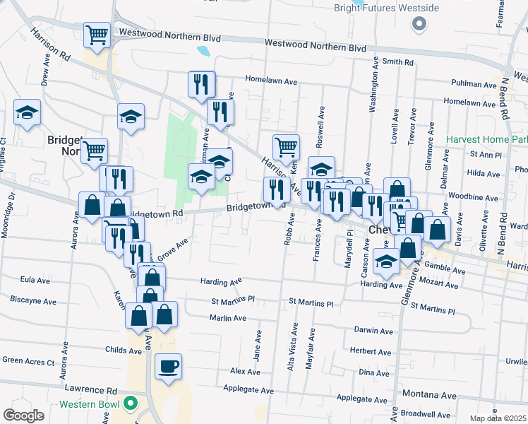 map of restaurants, bars, coffee shops, grocery stores, and more near 4243 Bridgetown Road in Cincinnati