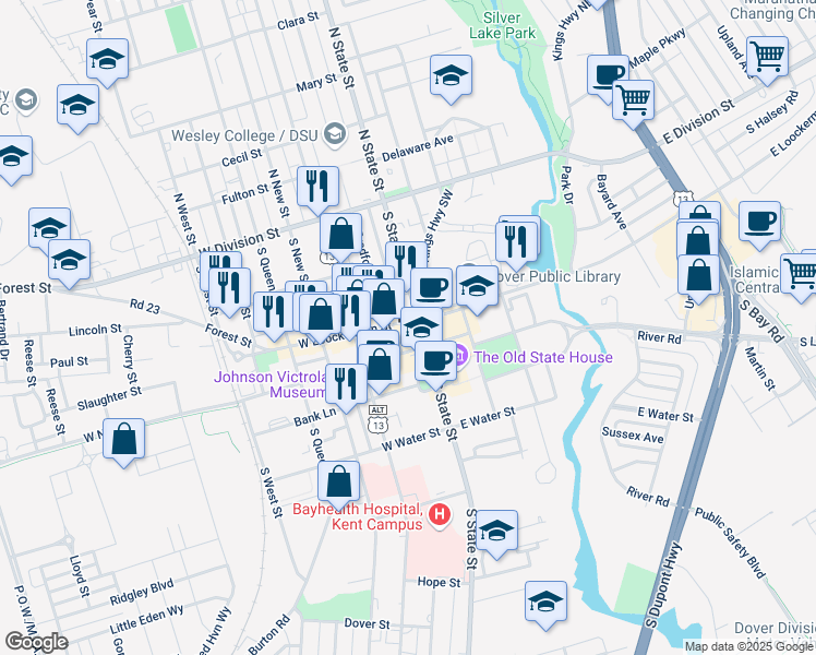 map of restaurants, bars, coffee shops, grocery stores, and more near in Dover