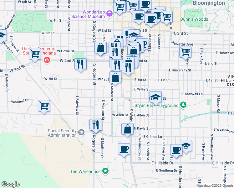 map of restaurants, bars, coffee shops, grocery stores, and more near 800 South College Avenue in Bloomington