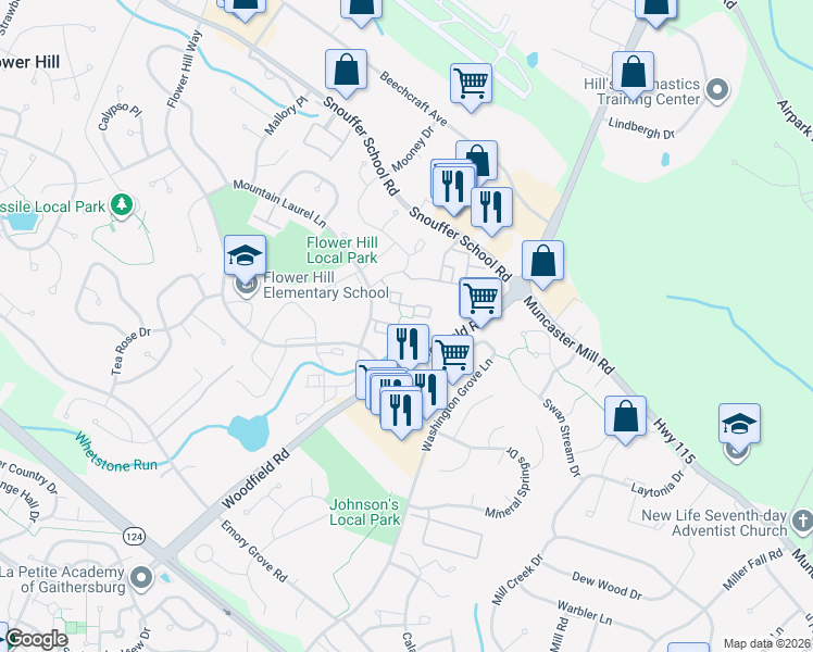 map of restaurants, bars, coffee shops, grocery stores, and more near 7903 Badenloch Way in Gaithersburg