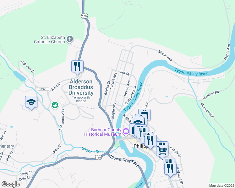 map of restaurants, bars, coffee shops, grocery stores, and more near 206 Maple Avenue in Philippi