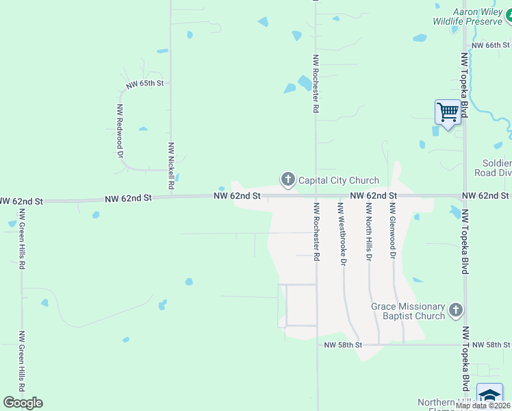 map of restaurants, bars, coffee shops, grocery stores, and more near 1149 Northwest 62nd Street in Topeka