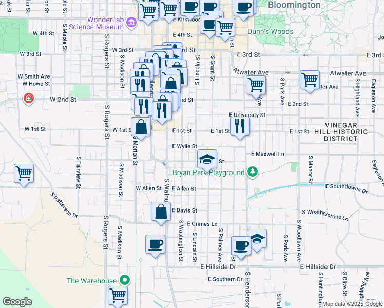 map of restaurants, bars, coffee shops, grocery stores, and more near 729 South Washington Street in Bloomington