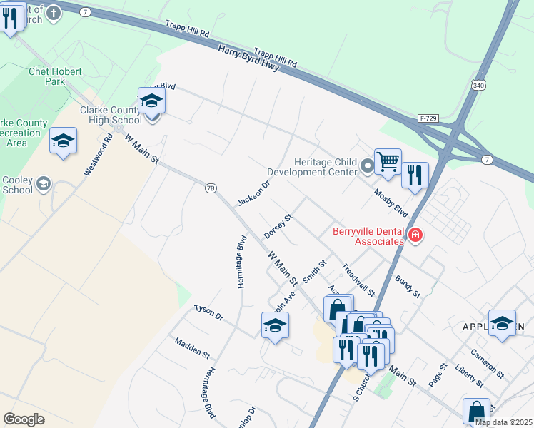 map of restaurants, bars, coffee shops, grocery stores, and more near 207 Moore Drive in Berryville