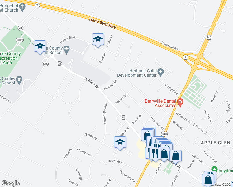 map of restaurants, bars, coffee shops, grocery stores, and more near 207 Moore Drive in Berryville