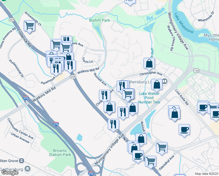 map of restaurants, bars, coffee shops, grocery stores, and more near 908 Russell Avenue in Gaithersburg