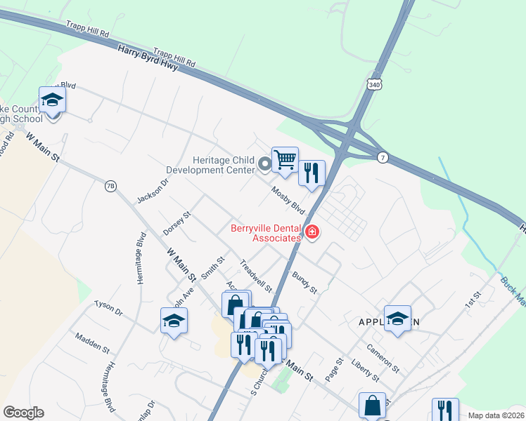 map of restaurants, bars, coffee shops, grocery stores, and more near 302 Breckinridge Court in Berryville