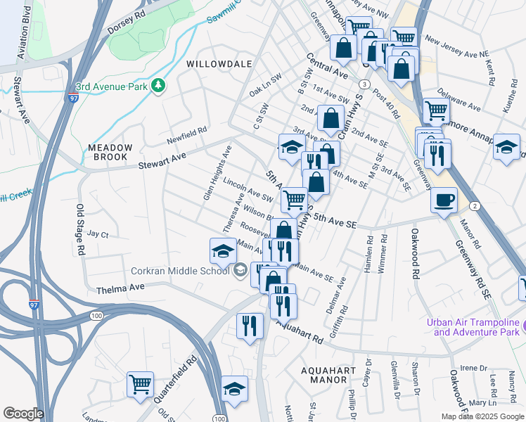 map of restaurants, bars, coffee shops, grocery stores, and more near 104 Wilson Boulevard Southwest in Glen Burnie