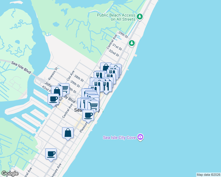 map of restaurants, bars, coffee shops, grocery stores, and more near 3600 Boardwalk in Sea Isle City