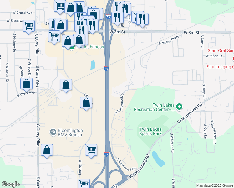 map of restaurants, bars, coffee shops, grocery stores, and more near 790 South Basswood Drive in Bloomington