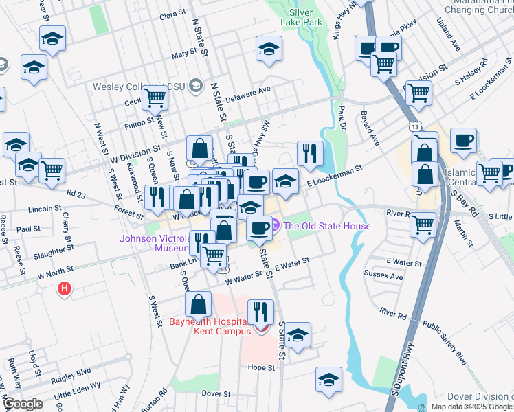 map of restaurants, bars, coffee shops, grocery stores, and more near 15 East North Street in Dover